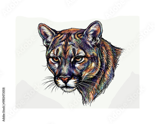 Cougar head slightly angled downward with intense gaze and layered fur detail forming smooth contours across face and neck,