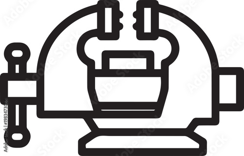 Professional Black & White Vector Clamping Vise Gripping Metal Workpiece for CNC Machining, Industrial Blueprinting, Mechanical Engineering Designs, Workshop Safety Protocols, Precision