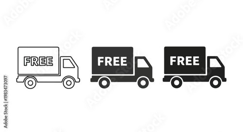 Set of three delivery trucks with free shipping labels on a white background for logistics and transportation concepts
