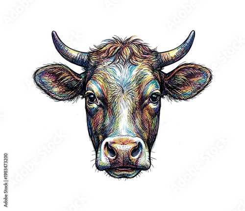 Frontal cow head with symmetrical features and soft expression highlighted by smooth skin and fur transitions and structured