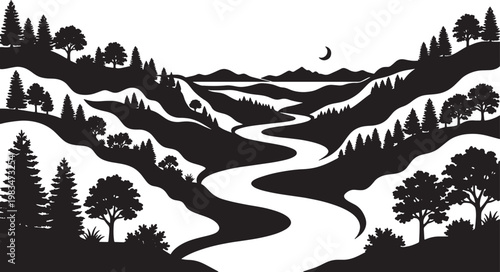 Winding river through hills and valleys with pine and deciduous trees and distant mountains under crescent moon. vector illustration