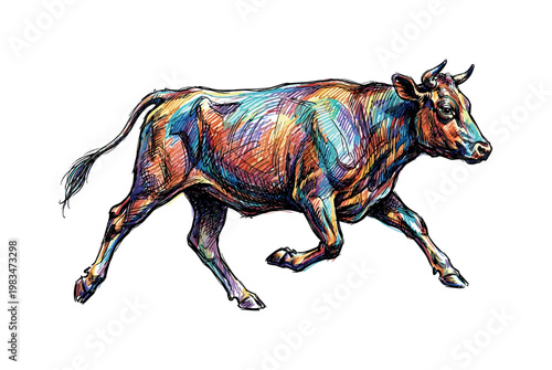 Cow in dynamic stride with extended legs and slightly stretched body silhouette capturing motion and mass through structured