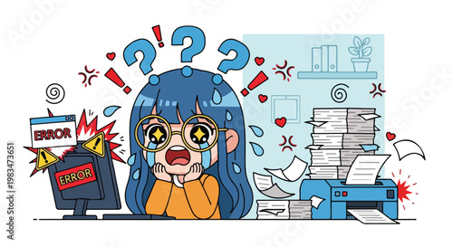 Overwhelmed young woman with glasses sitting at cluttered desk surrounded by papers, books, and computer screens