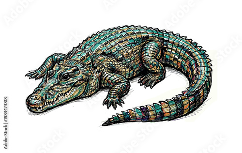 Resting crocodile in full body pose with body flattened and tail curved alongside highlighting armored scales and rugged anatomy,