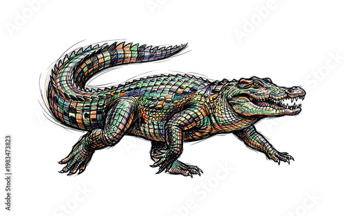 Crocodile in dynamic stride with extended limbs and sweeping tail capturing motion and strength through structured anatomy and