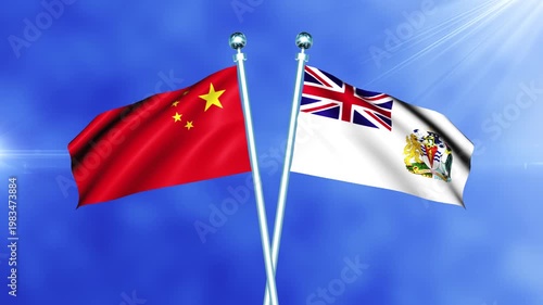 China and British Antarctic Territory Flag Waving On Pole Loop