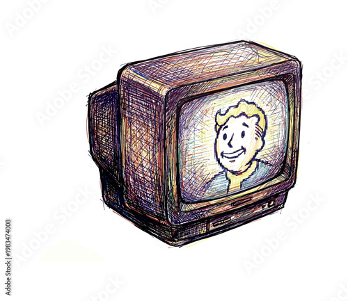 CRT television with bulky frame and curved screen forming nostalgic 1990s home entertainment object in expressive vibrant