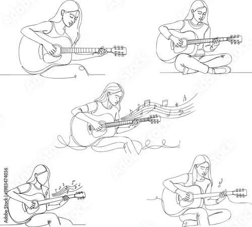 Continuous line art of five musicians playing guitars with musician instrument performance