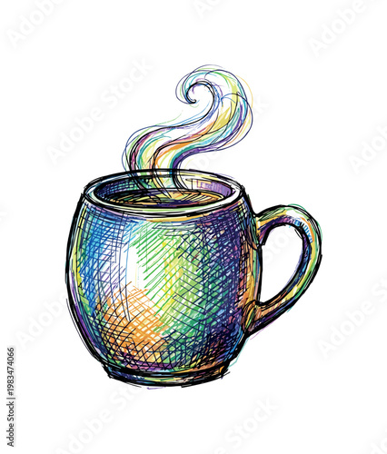 Cup of herbal tea with rising steam and rounded mug shape forming soothing relaxation object in expressive vibrant multicolor pen