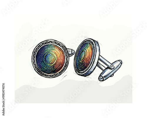 Cufflinks pair with circular faces and fastening backs forming refined men's jewelry accessory with compact symmetrical design in