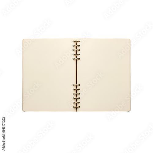 An open blank notebook with cream colored pages and a stitched binding lies flat.