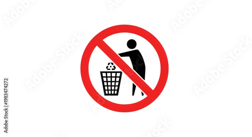 Prohibition sign indicating that littering is not allowed near a recycling bin.