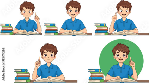 Smart student boy studying with books and raising hand for answer in classroom learning concept vector illustration collection