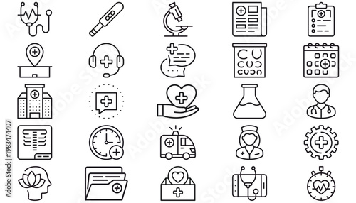 Medical and Healthcare Vector Icon Set Bundle, 25 Black Minimalist Symbols featuring Hospital, Doctor, Nurse, Stethoscope, Ambulance, Microscope, Telemedicine, Mental Health, and Lab Equipment.
