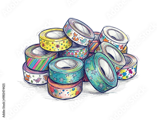 Collection of decorative washi tape rolls grouped together with varied patterns and cylindrical forms creating compact crafting