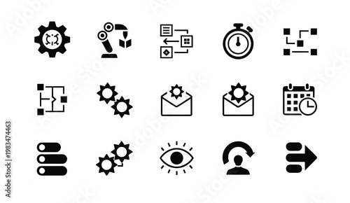 Industrial automation icons set featuring workflow cycle and system integration, representing smart manufacturing, process control and industrial technology systems.