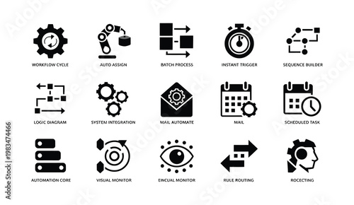 Industrial automation icons set featuring workflow cycle and system integration, representing smart manufacturing, process control and industrial technology systems.