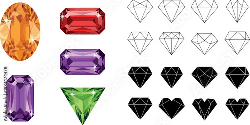 Colorful gemstone and diamond shapes collection with realistic crystals and outline icons isolated vector illustration for jewelry design