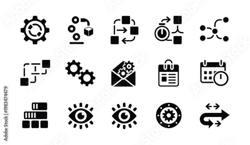Industrial automation icons set featuring workflow cycle and system integration, representing smart manufacturing, process control and industrial technology systems.