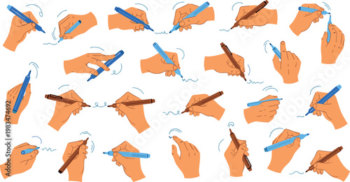 Collection of hands holding pens writing and drawing in various angles flat vector illustration isolated on white background