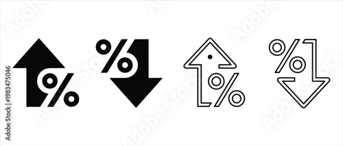 Minimalist percentage arrow icons for financial growth and decline, set of 4 black and white vector symbols, interest rate increase and decrease signs