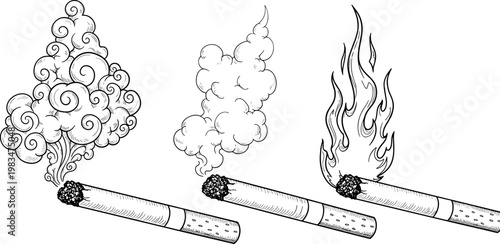 Cigarette smoke vector set hand drawn sketch style burning cigarette with smoke and flame illustration collection