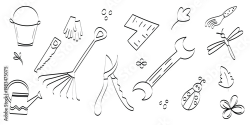 Hand drawn labor equipment and nature doodle icon set on white background, minimal black and white outline garden equipment illustration, decorative line art collection