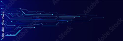 Circuit board lines connection with electronic components on technology dark blue background vector. Semiconductor and AI chip elements. Design for web banner, poster and presentation.