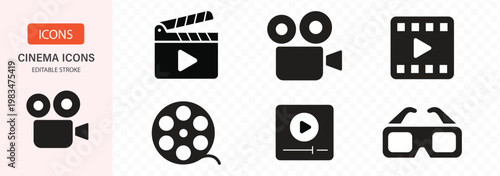 Cinema set of web icons in line style. Movie and Film linear icon collection. Containing video, movie theater, 3d, vr, popcorn, ticket, director, soundtrack and more