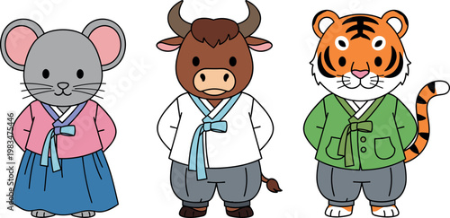Cute animal characters in traditional Korean hanbok vector set mouse cow and tiger cartoon illustration collection