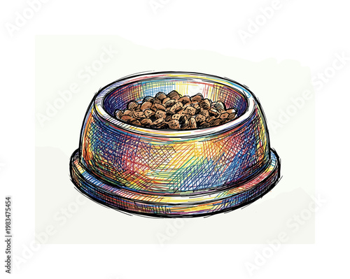 Dog food bowl with rounded shape and sturdy base showing everyday feeding object with smooth surface in expressive vibrant