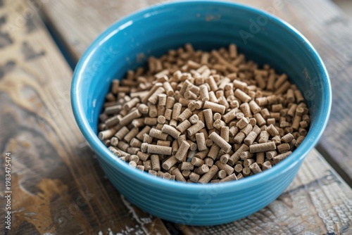 Light blue bowl filled with dry pet food pellets sits on a weathered wooden table, ready for a hungry companion
