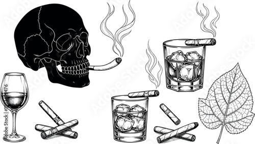 Vintage smoking and alcohol vector set skull cigars whiskey glass and leaf engraving style illustration collection