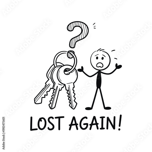 line art characters looking for missing keys, illustrating confusion, problem solving, home security and real estate concept in a new year situation.