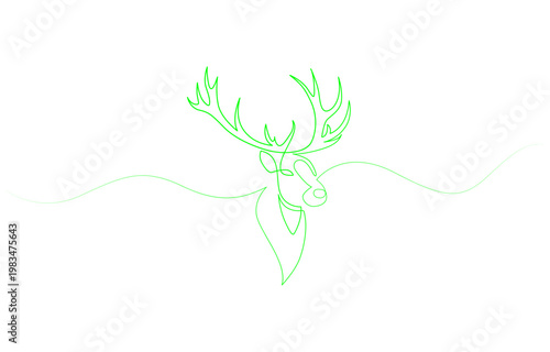 Minimalist one line drawing of a deer head with large antlers on a white background. Single line art illustration of deer head animal. Editable vector.