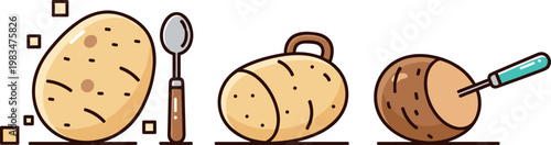 Potato Processing Vector Set with Chopped, Peeled, and Sliced Tubers for Cooking, Food Preparation, and Kitchen Illustrations
