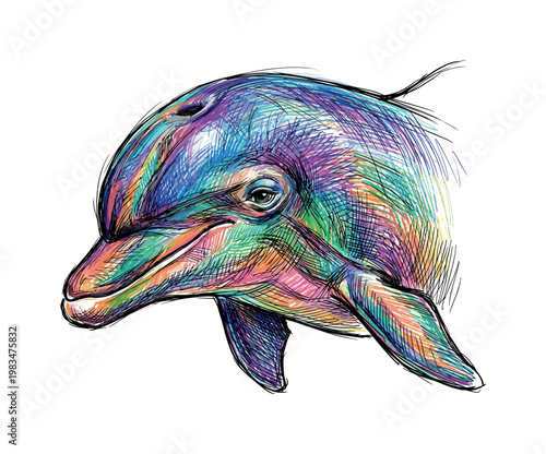 Dolphin head slightly angled downward with calm gaze and layered shading forming soft contours across face and upper body,