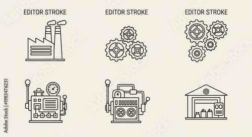 Industrial Icons Set Factory Gears Machine Warehouse.