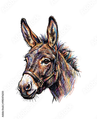 Donkey head portrait in three-quarter view with long upright ears and sturdy muzzle forming distinctive farm animal facial