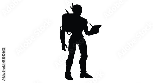 A futuristic spaceman holding a tablet in a dark silhouette