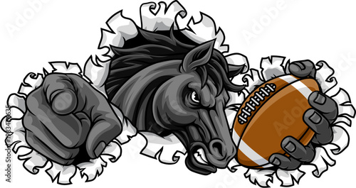 Horse mustang bronco stallion American football angry sports team mascot holding a ball.