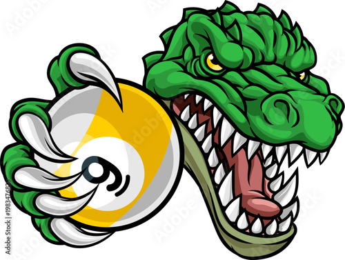 Cartoon reptile lizard alligator crocodile or dinosaur sports team mascot holding a billiards pool 9 ball or nine ball.