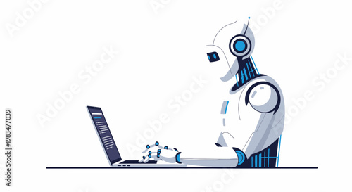 Robot Working on Laptop, Artificial Intelligence Concept