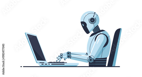 Robot Working on Laptop, Artificial Intelligence and Automation Concept