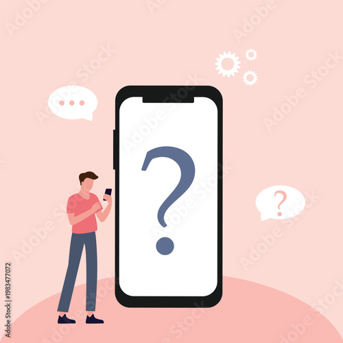 FAQ concept. man with question mark on mobile phone screen. Customer support and online help service. Frequently asked questions. Vector illustration