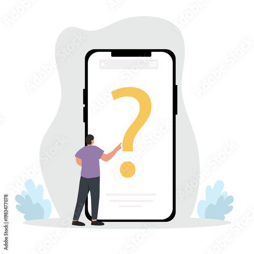 FAQ concept. man with question mark on mobile phone screen. Customer support and online help service. Frequently asked questions. Vector illustration