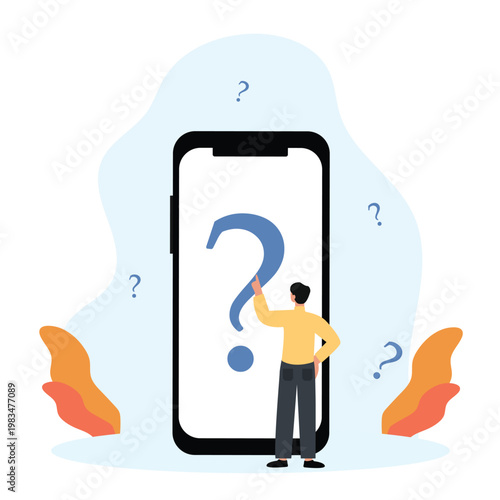 FAQ concept. man with question mark on mobile phone screen. Customer support and online help service. Frequently asked questions. Vector illustration