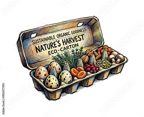 Cardboard egg carton with open lid and structured compartments forming sustainable organic food packaging design in expressive