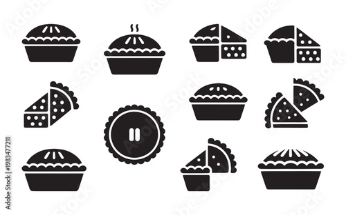 Meat pie icon set baked pastry and savory food symbols in outline and solid style vector illustration collection
