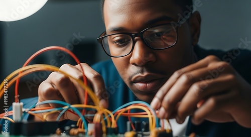 A focused Black man with glasses carefully works on a circuit board, wires crisscrossing
